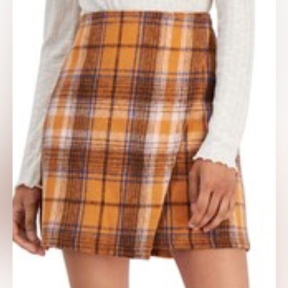Tinseltown orange plaid faux wrap mini skirt size small - Picture 1 of 7
